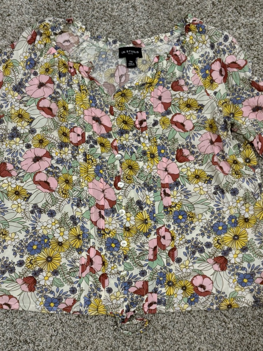 I.N. Studio Floral Button-Front Blouse in Cream, Pink, Yellow, Blue, Green - Picture 2 of 5